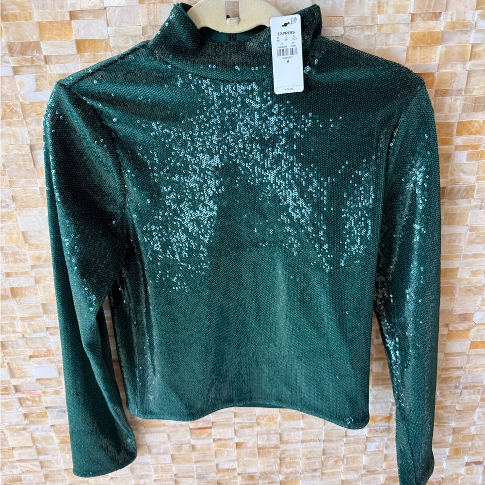 Express Green Sequin Long Sleeve Top